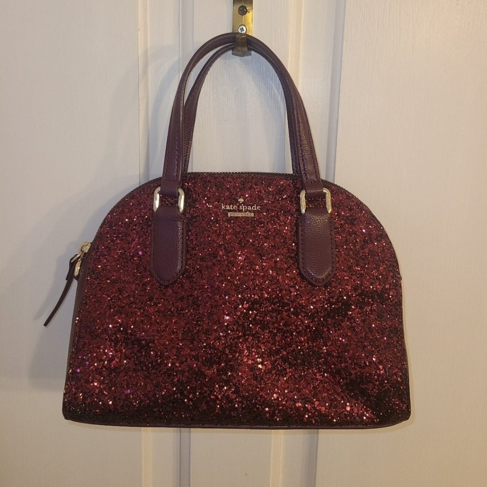 Kate Spade Laurel Way Mini Reiley Plum Wine Red Glitter Crossbody Purse Handbag